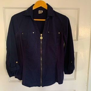 Anne Klein navy blue zip-up collared shirt with stretch panel sides